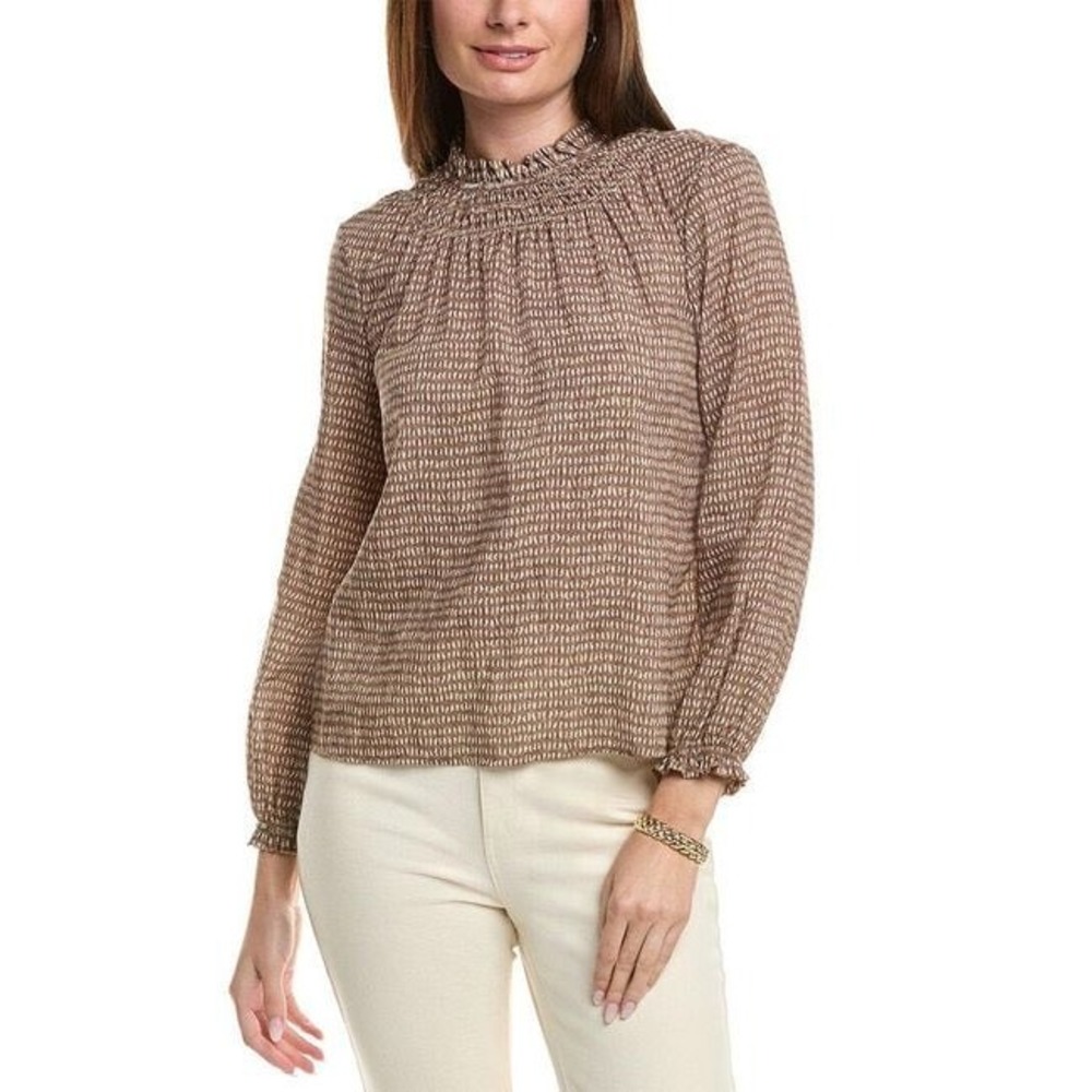 J. McLaughlin Women Antonia Top XL Brown White Smocked Ruffle Neck Tencel Blouse